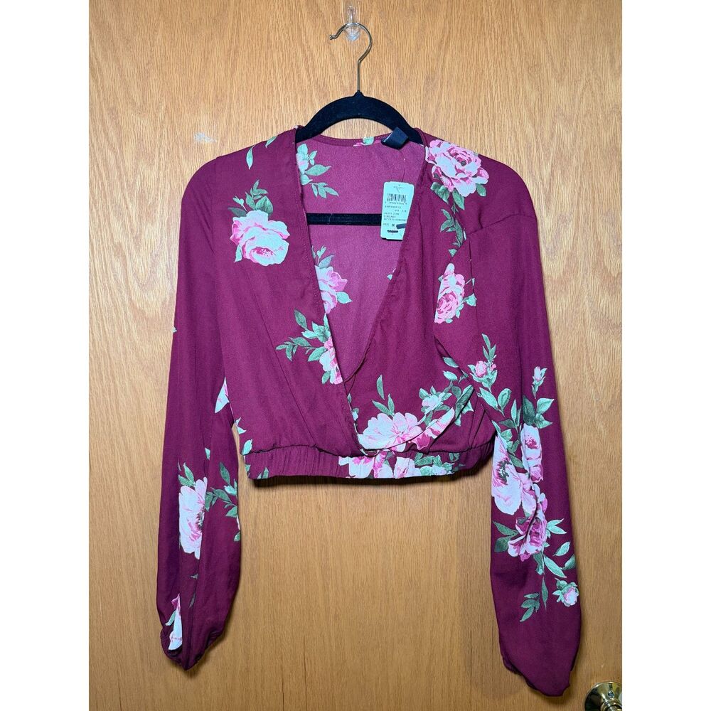 Windsor Women’s Burgundy Sweet Intentions Floral Crop Top Blouse Size M